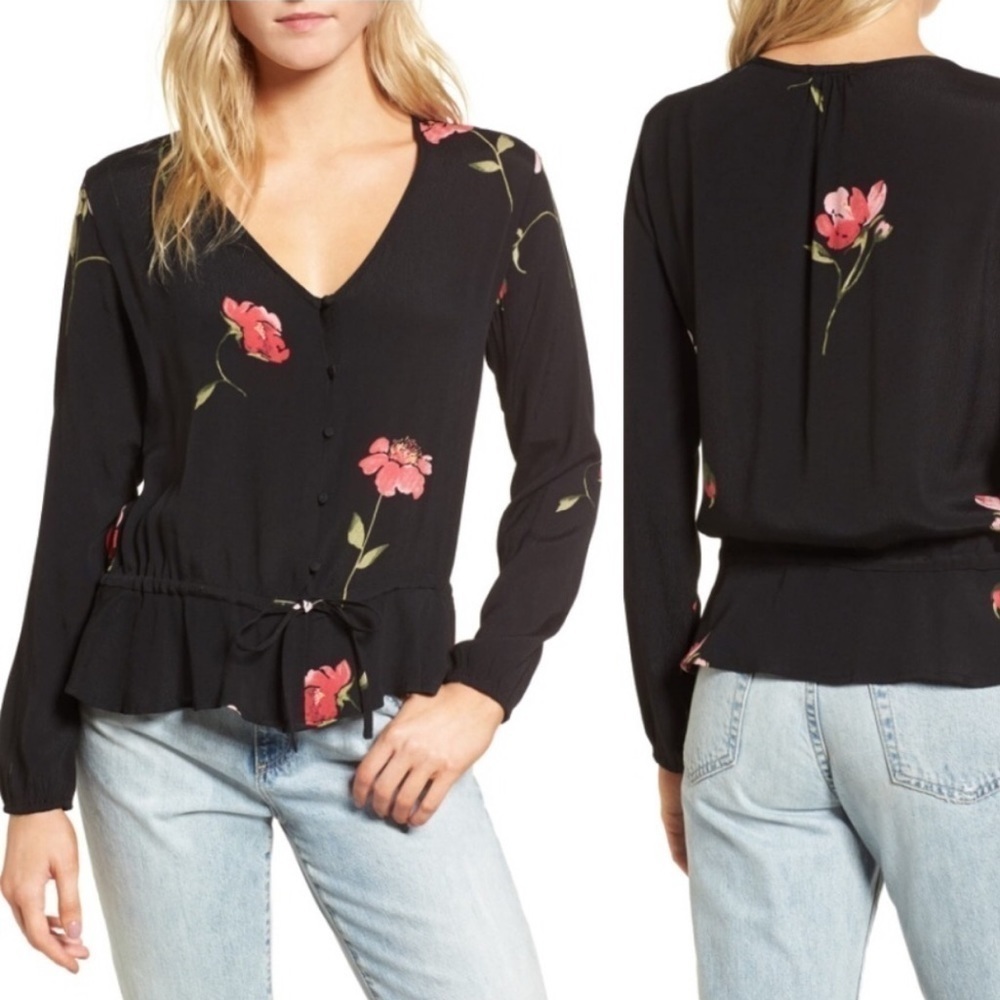 𝅺Rails Beaux Blossom Floral Print Blouse SM Blouse Long Sleeve Tie Waist Top